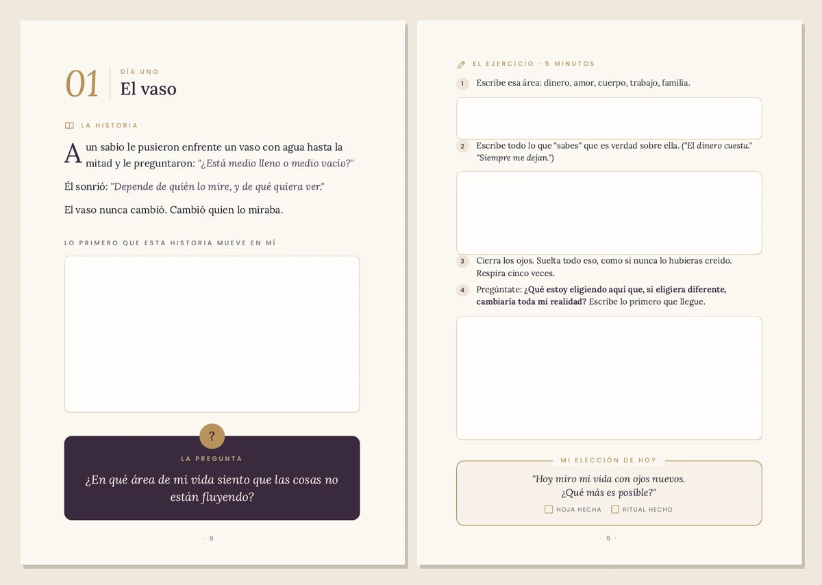 Página real del Día 1 del Libro 1: la historia, la pregunta, el ejercicio y mi elección de hoy
